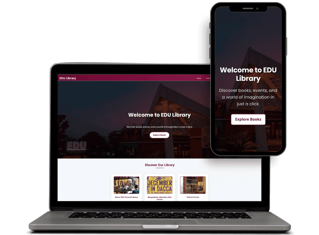 East Delta University Library Dashboard: internal library dashboard designed and built by SoftAura, shown on multiple devices