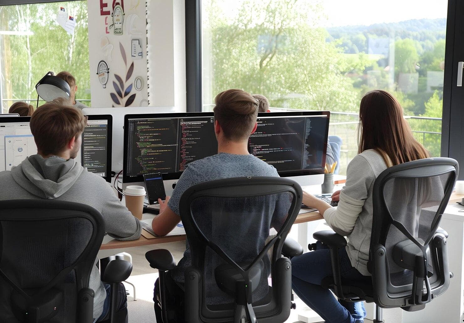 SoftAura developers writing code together in the office
